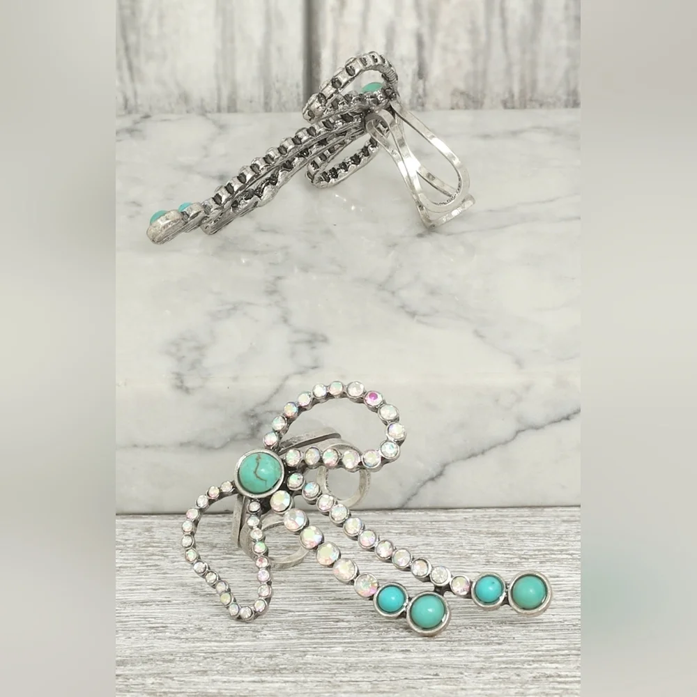 Silver and Turquoise Rhinestone Bow Ring